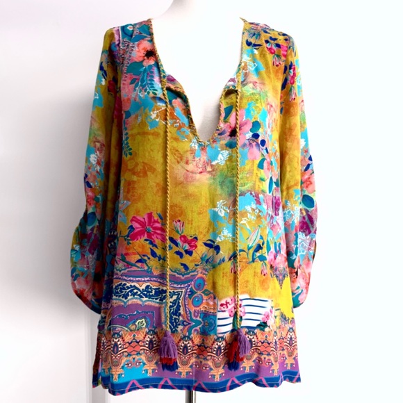 Tolani Tops - Tolani Silk Peasant (Medium) Floral Boho Tunic Top